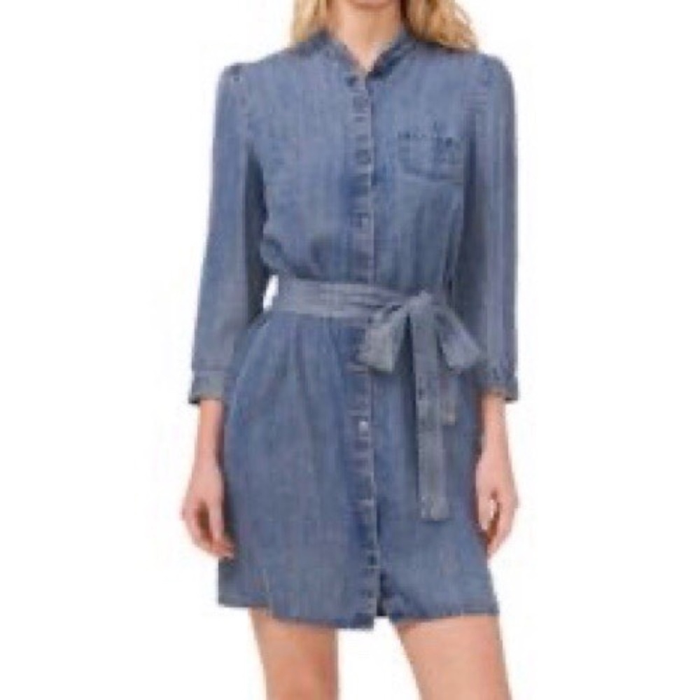 CeCe Denim Tie Waist Button Front Shirtdress Chambray